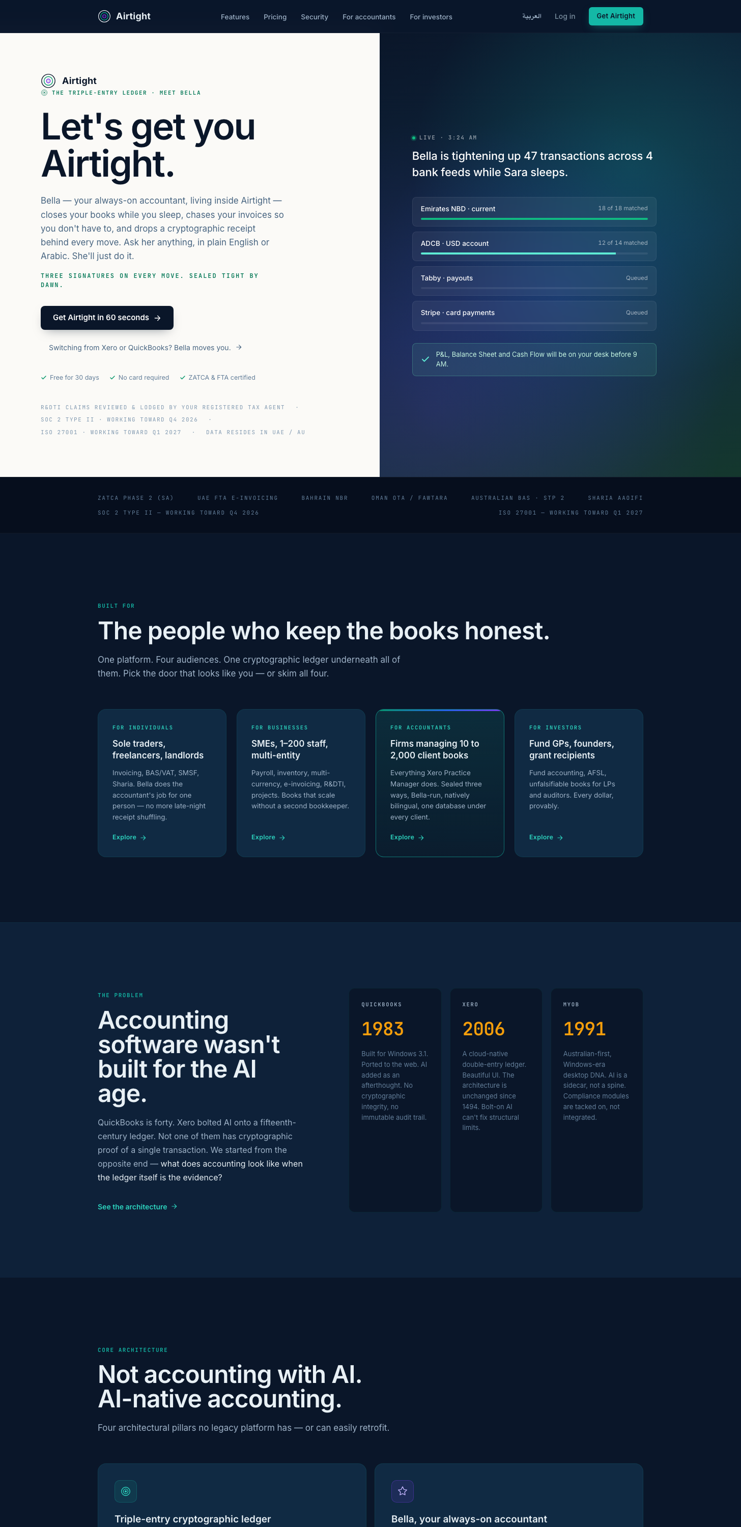 airtight.one features — multi-entity, R&DTI, ledger, Bella